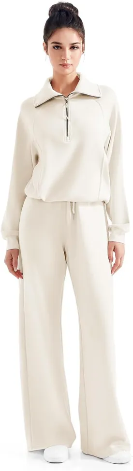 SUUKSESS Women 2 Piece Lounge Matching Set Wide Leg Sweatpant Half Zip Sweatshirt