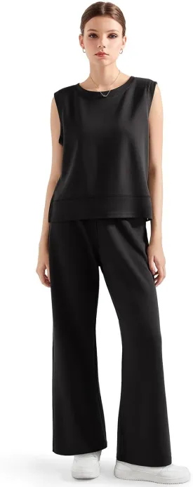 SUUKSESS Women 2 Piece Lounge Matching Sets Wide Leg Sweatpants Sleeveless Tops