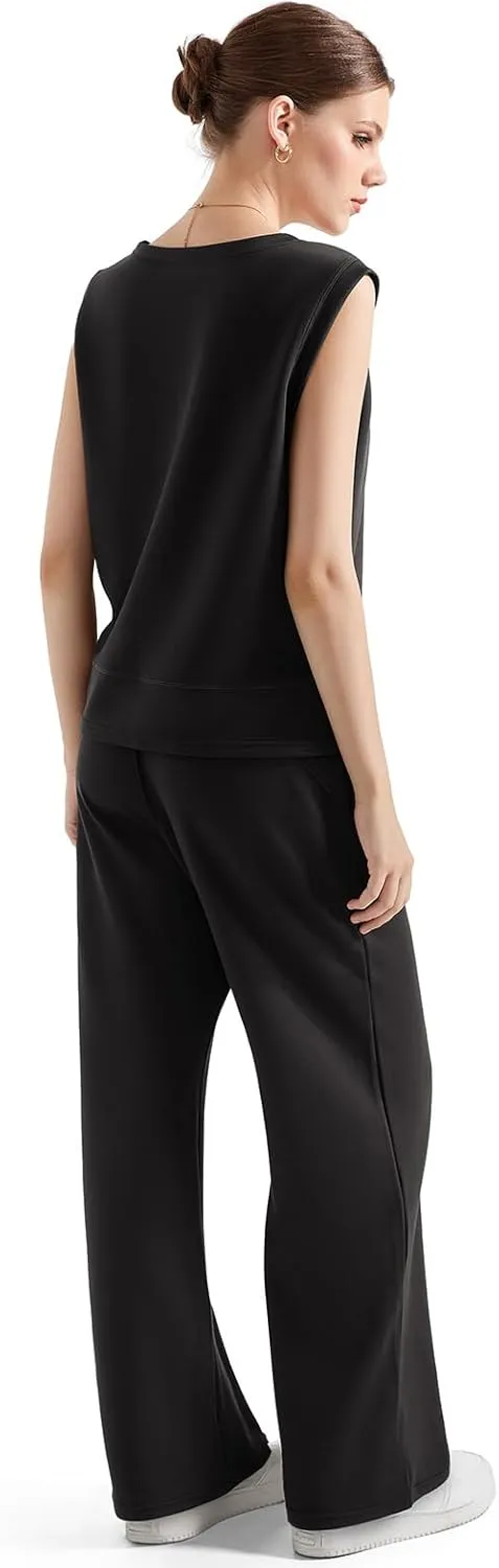 SUUKSESS Women 2 Piece Lounge Matching Sets Wide Leg Sweatpants Sleeveless Tops