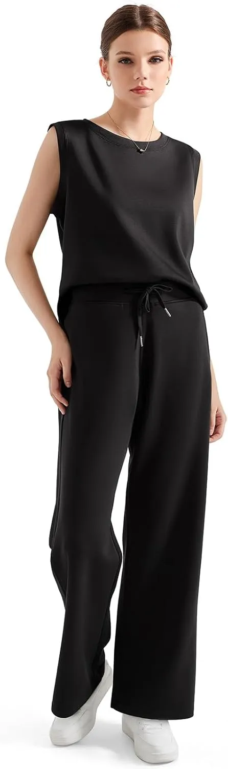 SUUKSESS Women 2 Piece Lounge Matching Sets Wide Leg Sweatpants Sleeveless Tops