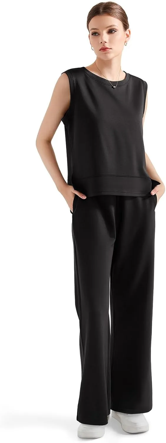 SUUKSESS Women 2 Piece Lounge Matching Sets Wide Leg Sweatpants Sleeveless Tops