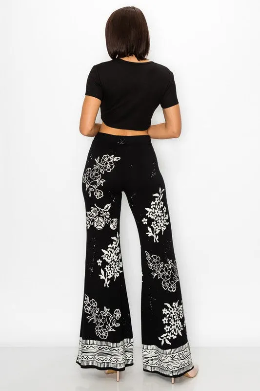 T-Party Soft Flare Pants Floral Stamped - Black