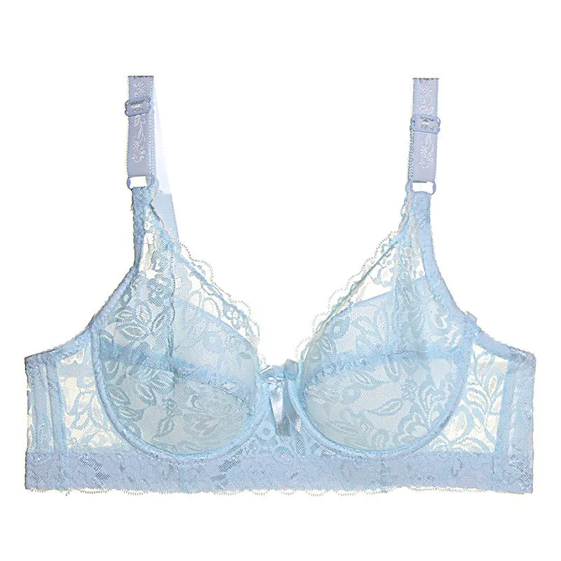 Ultra-thin full lace sexy thin cotton cup set bra plump large cup BC underwear female