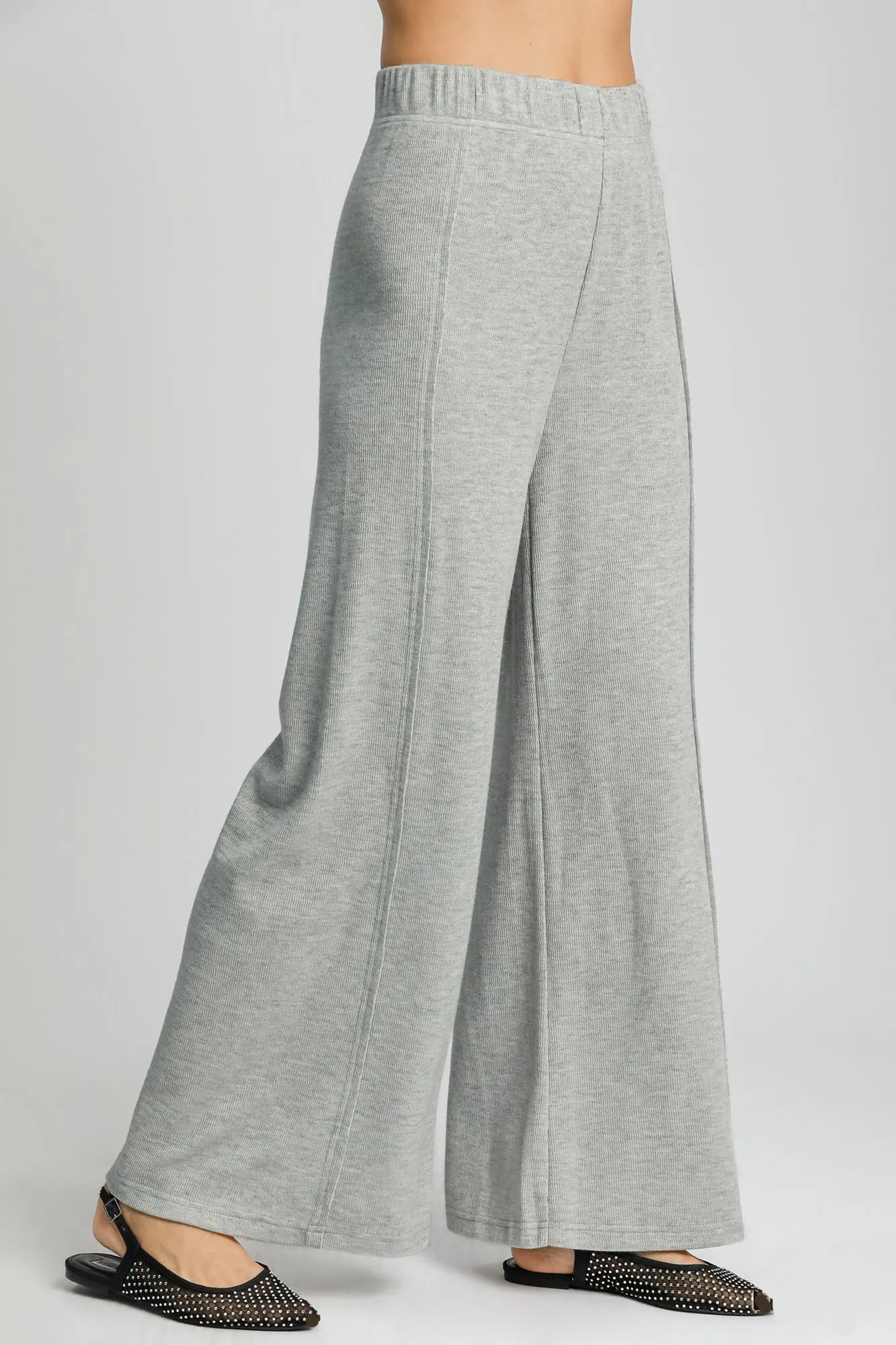 Umgee USA Women Knit Pants Gray Elastic Waist Wide Leg Trousers