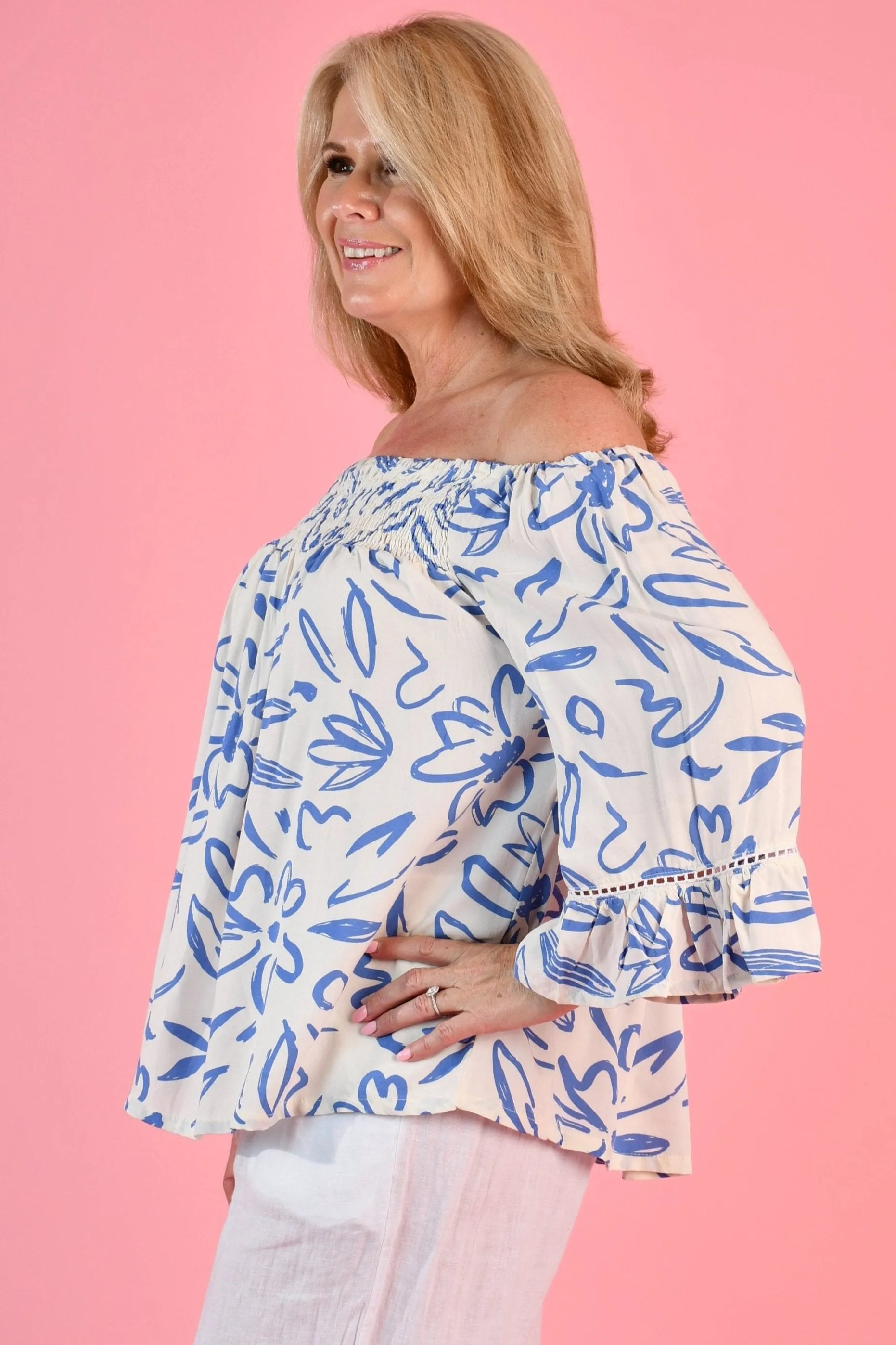 VBLT113 - ROUCHED BELL SLEEVE TOP - PICASSO'S GARDEN BLUE/WHITE