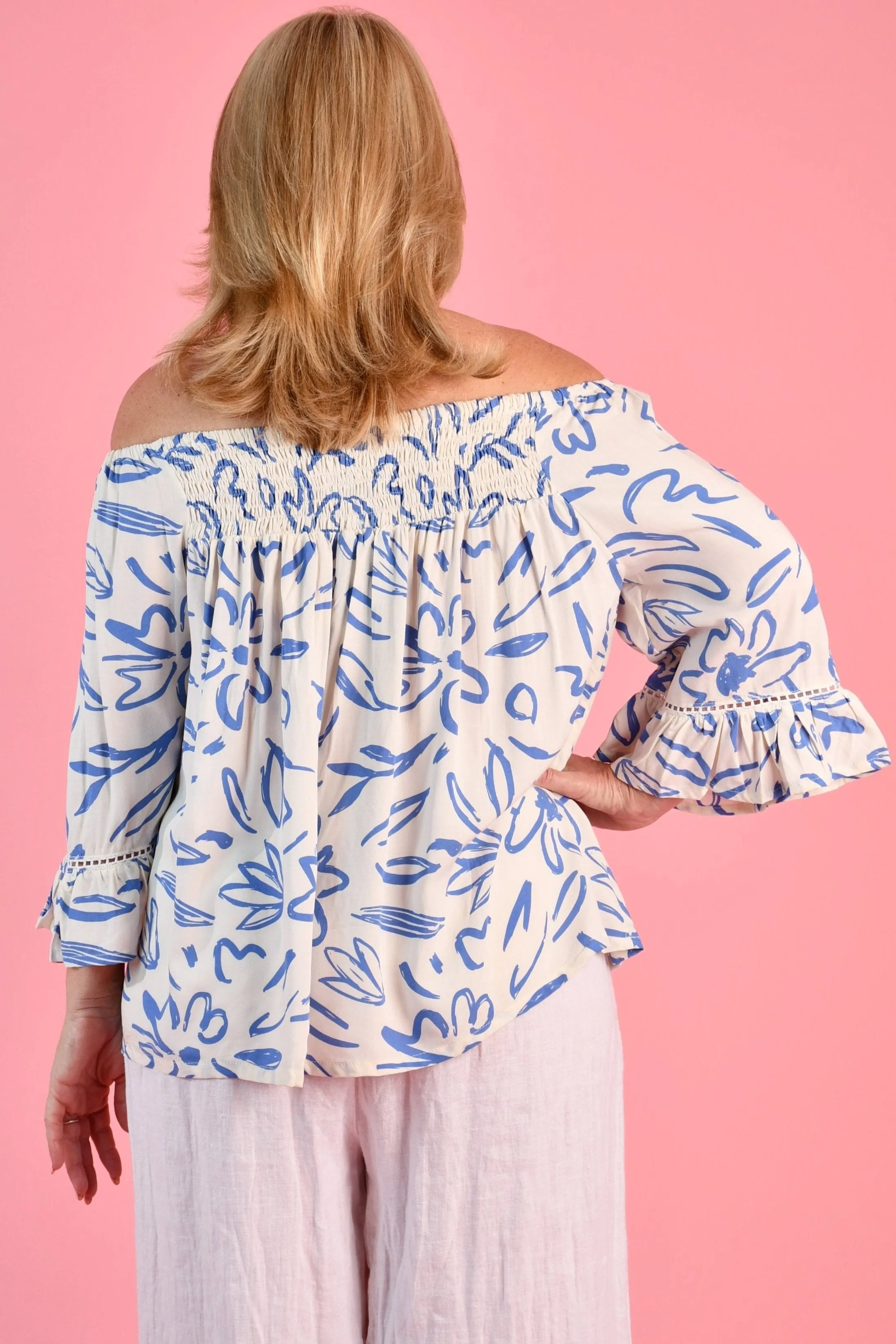 VBLT113 - ROUCHED BELL SLEEVE TOP - PICASSO'S GARDEN BLUE/WHITE