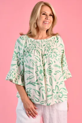 VBLT113 - ROUCHED BELL SLEEVE TOP - PICASSO'S GARDEN SAGE/WHITE