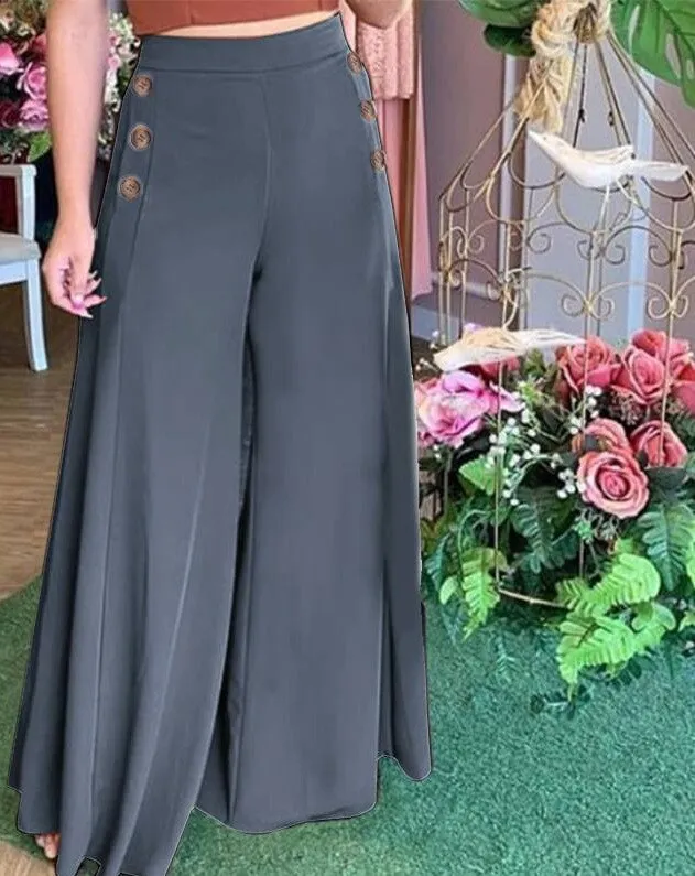 WENKOUBAN European and American new style casual solid color open fold wide-leg pants