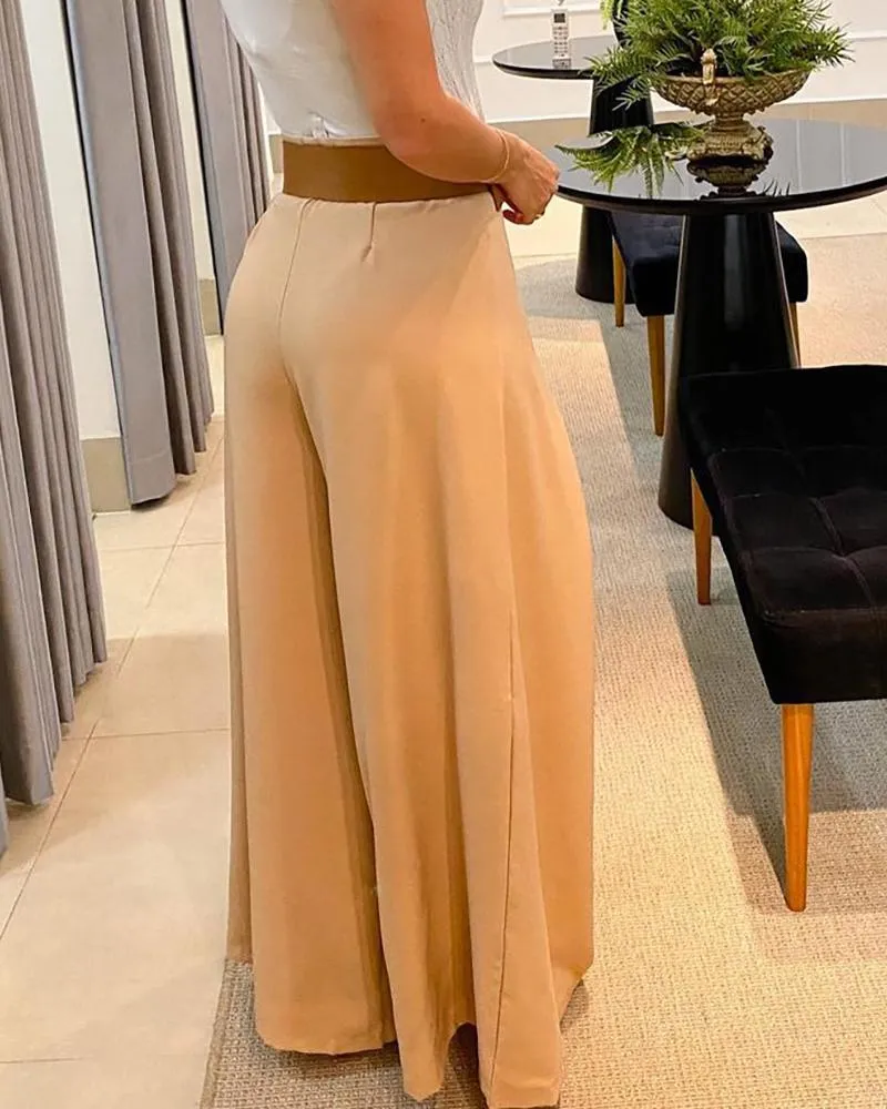 WENKOUBAN European and American new style casual solid color open fold wide-leg pants