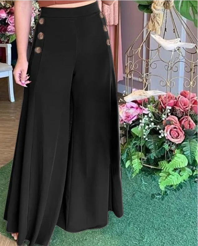 WENKOUBAN European and American new style casual solid color open fold wide-leg pants