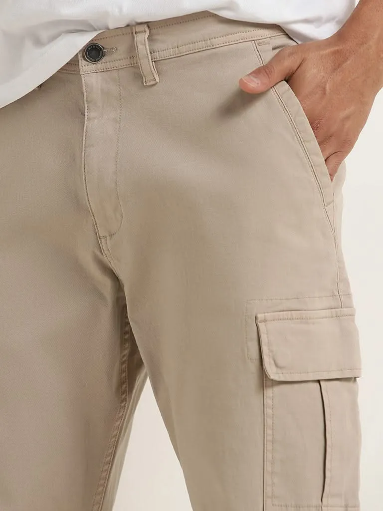 WES Casuals Beige Cotton Blend Cargo-Style Relaxed Fit Pants