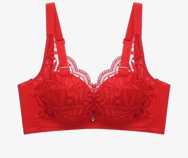 Women Fashion Medium Thick Big Red Wedding Lace Adjustable Underwear Small Chest Push up Bra