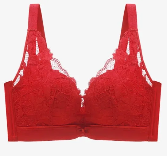 Women Fashion Medium Thick Big Red Wedding Lace Adjustable Underwear Small Chest Push up Bra