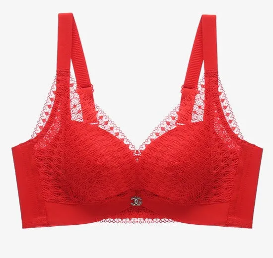 Women Fashion Medium Thick Big Red Wedding Lace Adjustable Underwear Small Chest Push up Bra