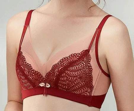 Women Fashion Medium Thick Big Red Wedding Lace Adjustable Underwear Small Chest Push up Bra