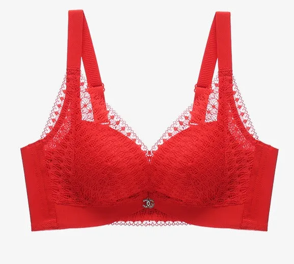 Women Fashion Medium Thick Big Red Wedding Lace Adjustable Underwear Small Chest Push up Bra