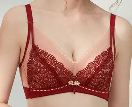 Women Fashion Medium Thick Big Red Wedding Lace Adjustable Underwear Small Chest Push up Bra