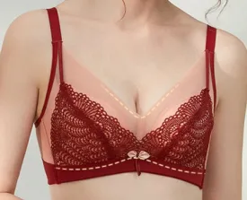 Women Fashion Medium Thick Big Red Wedding Lace Adjustable Underwear Small Chest Push up Bra