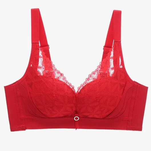 Women Fashion Medium Thick Big Red Wedding Lace Adjustable Underwear Small Chest Push up Bra