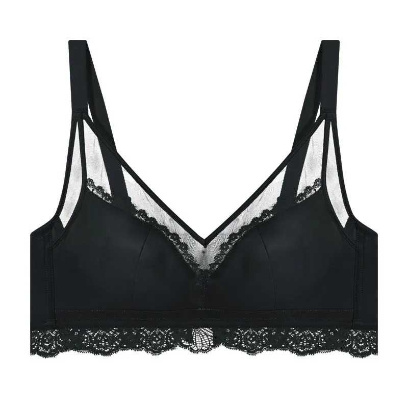 Women rabbit ears crystal thin cup large chest small no steel ring silky satin mesh light luxury maintenance bra set