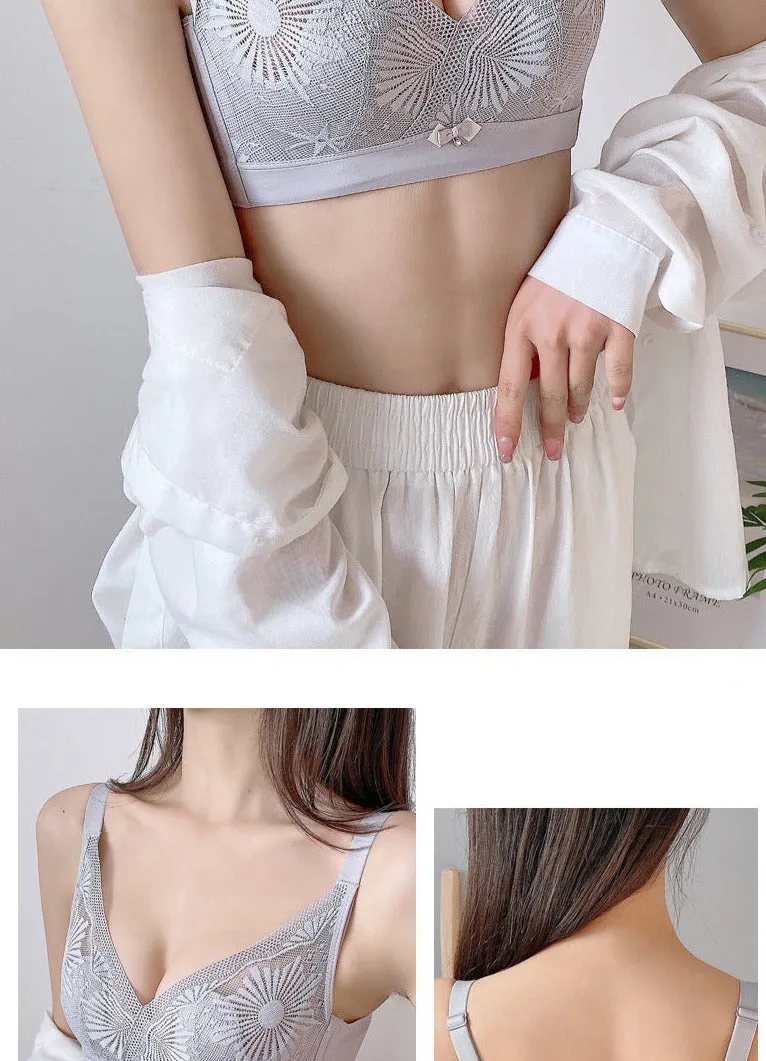 Women Summer Adjustable Bra Ultra-Thin Crystal Bra for Big Breasts Lace Rabbit Ears Bra