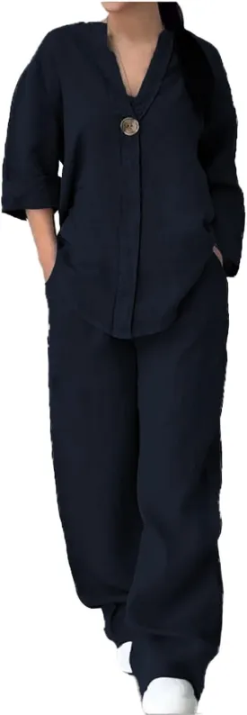 Womens 2 Piece Cotton Linen Outfits Button Down Long Sleeve Shirt Loose Elastic Waist Wide Leg Pants Sets with Pockets