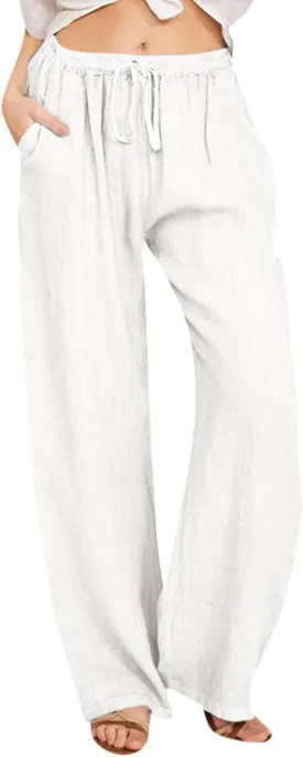 Women's Cotton Linen Pants Summer Wide Leg Casual Loose Drawstring High Waist Palazzo Pants Trousers with Pockets