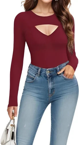 Womens Cute Sexy Tops Long Sleeve Cutout Going Out Tops Slim Fitted Tshirt Fashion Date Night Outfit