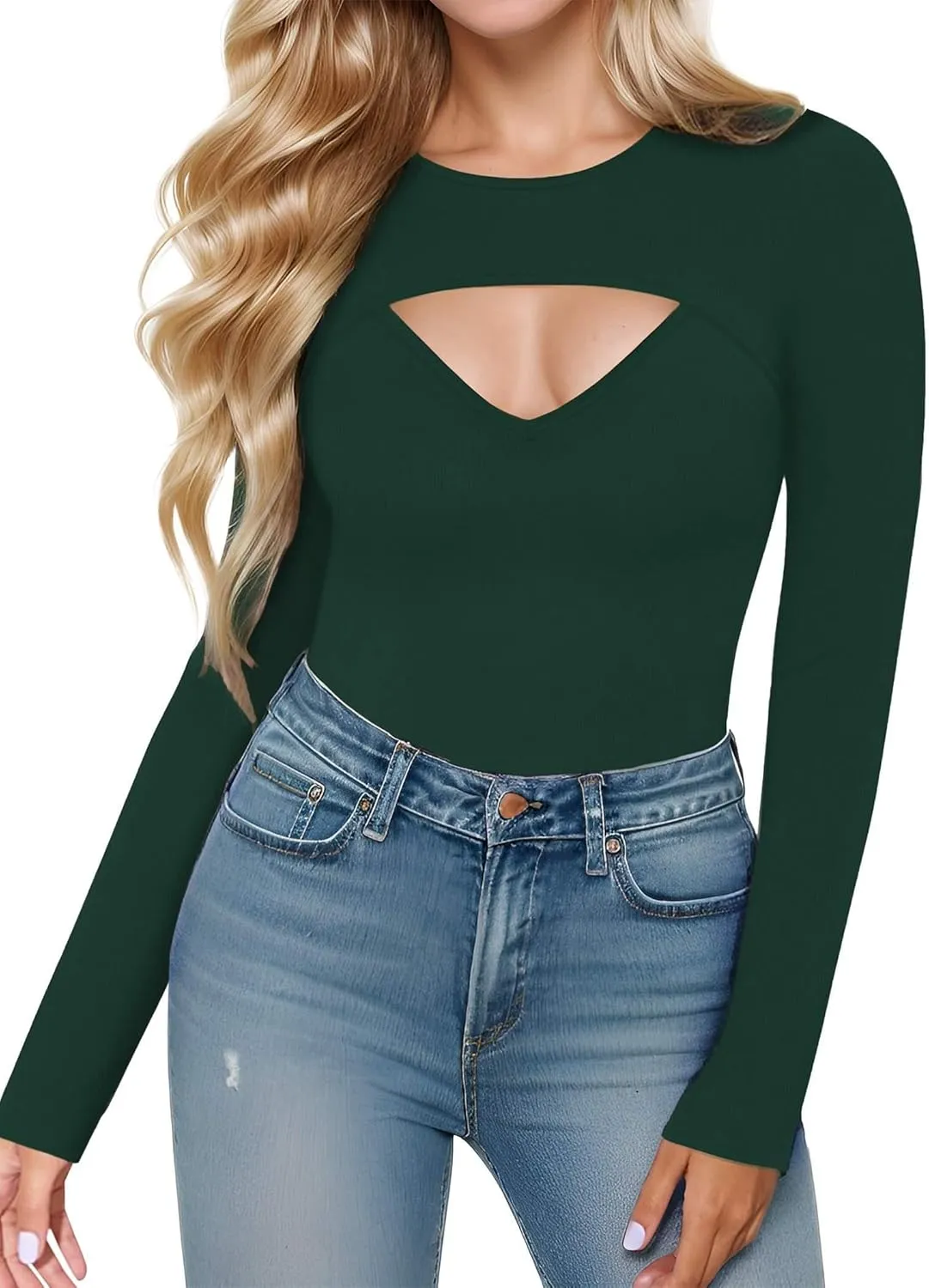 Womens Cute Sexy Tops Long Sleeve Cutout Going Out Tops Slim Fitted Tshirt Fashion Date Night Outfit