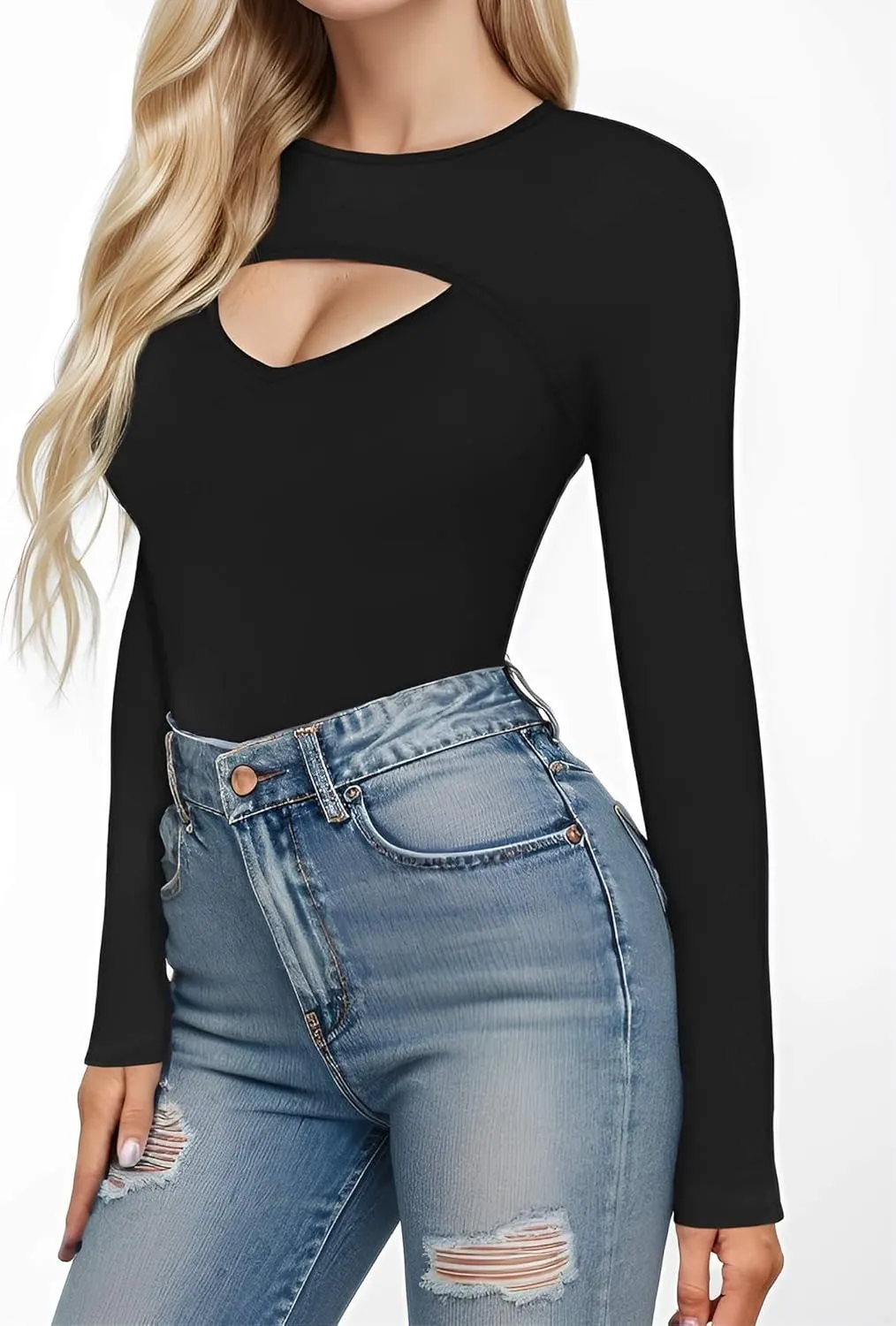 Womens Cute Sexy Tops Long Sleeve Cutout Going Out Tops Slim Fitted Tshirt Fashion Date Night Outfit