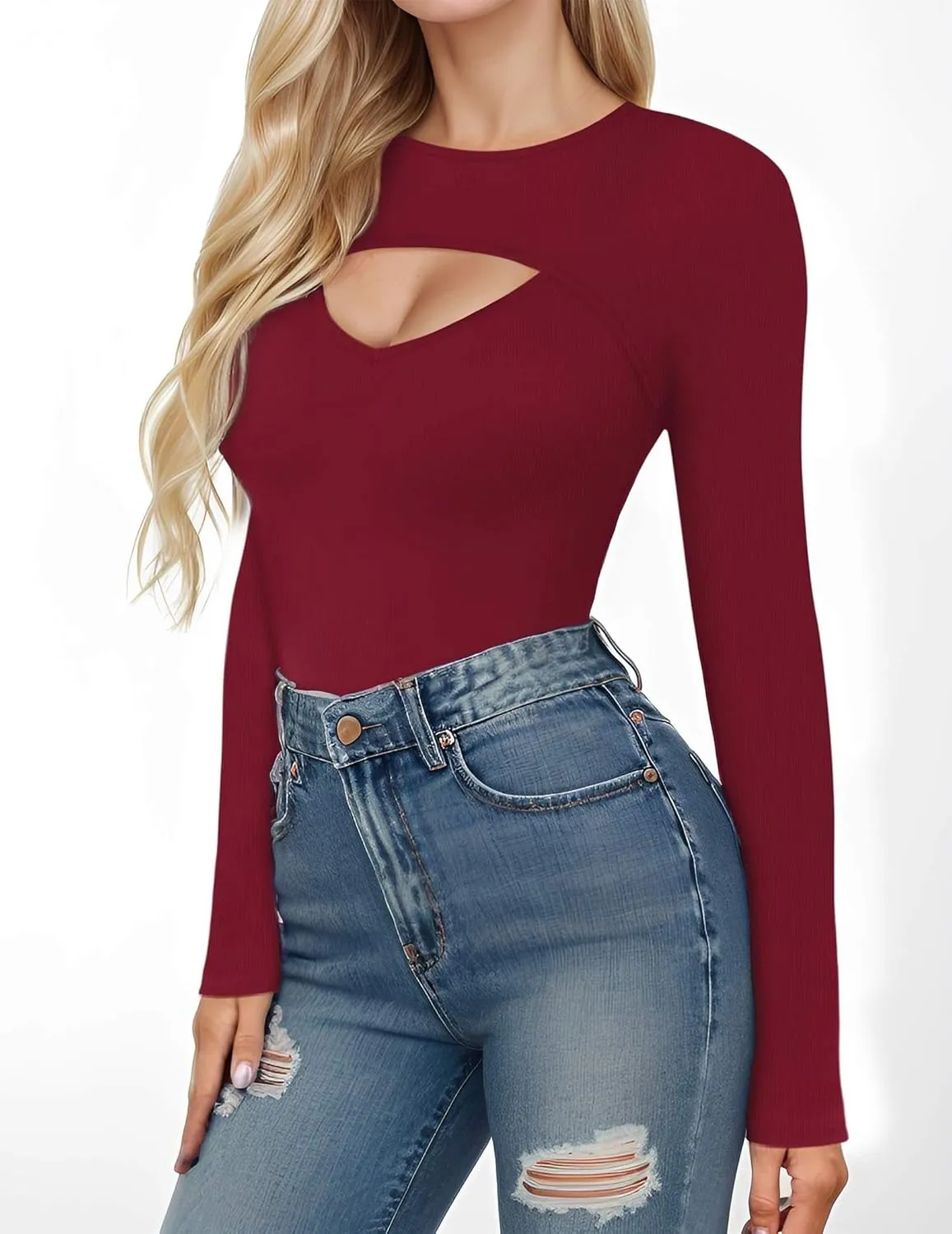Womens Cute Sexy Tops Long Sleeve Cutout Going Out Tops Slim Fitted Tshirt Fashion Date Night Outfit
