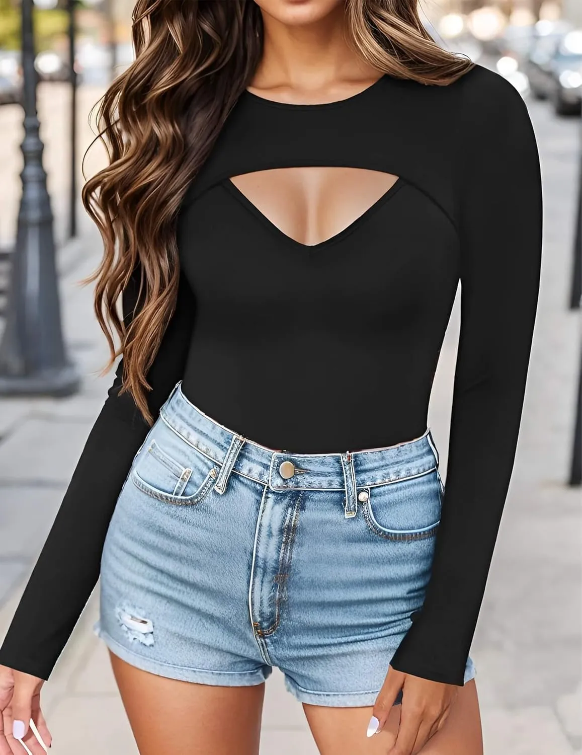 Womens Cute Sexy Tops Long Sleeve Cutout Going Out Tops Slim Fitted Tshirt Fashion Date Night Outfit