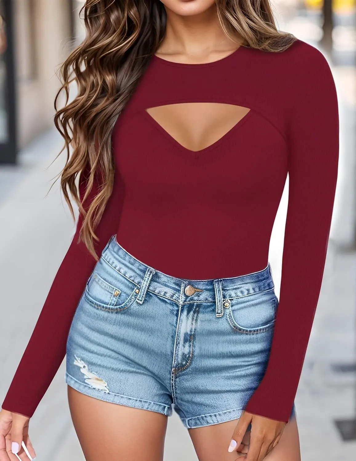 Womens Cute Sexy Tops Long Sleeve Cutout Going Out Tops Slim Fitted Tshirt Fashion Date Night Outfit