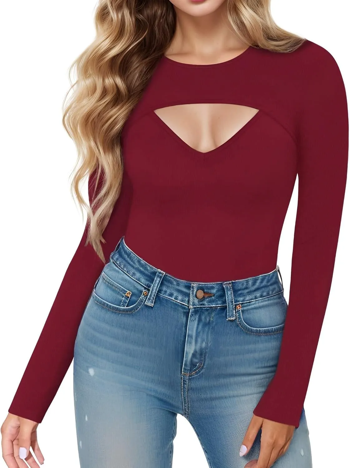 Womens Cute Sexy Tops Long Sleeve Cutout Going Out Tops Slim Fitted Tshirt Fashion Date Night Outfit
