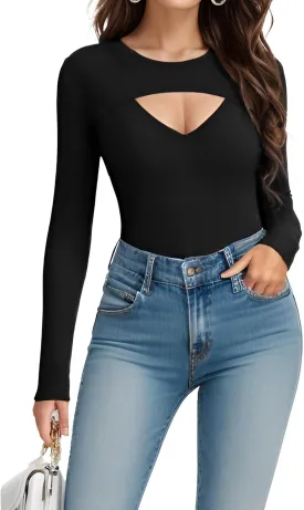 Womens Cute Sexy Tops Long Sleeve Cutout Going Out Tops Slim Fitted Tshirt Fashion Date Night Outfit