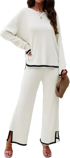 Women's V-Neck Soft Knit Border Edge Trouser Co-Ord, Sweater Long Sleeve Knit Lounge Sets for Women