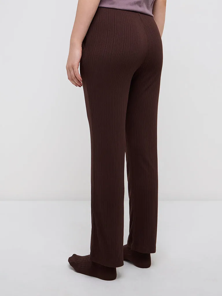 Wunderlove Brown Ribbed High-Rise Lounge Pants