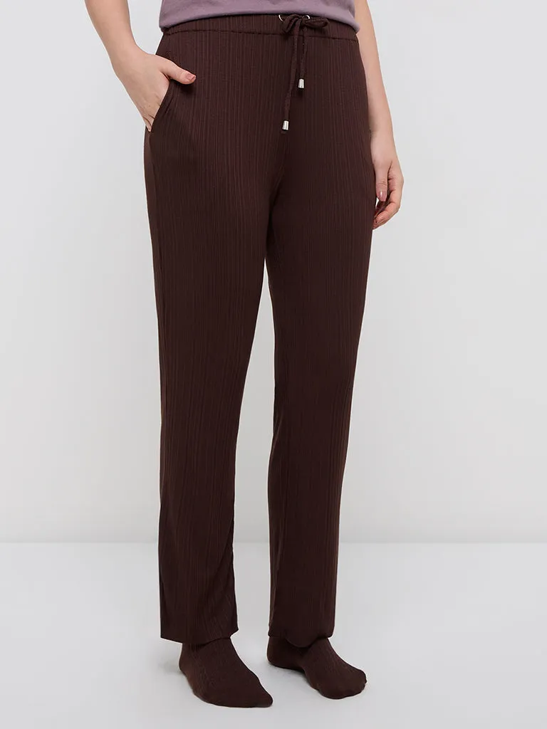Wunderlove Brown Ribbed High-Rise Lounge Pants