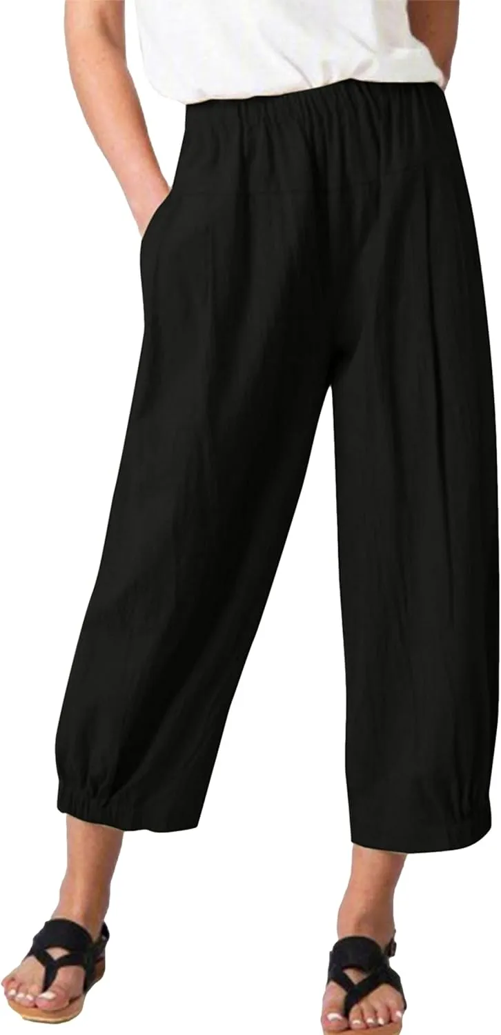 Zontroldy Linen Capri Pants for Women High Waisted Wide Leg Yoga Capris Crop Pants Sweatpants with Pockets