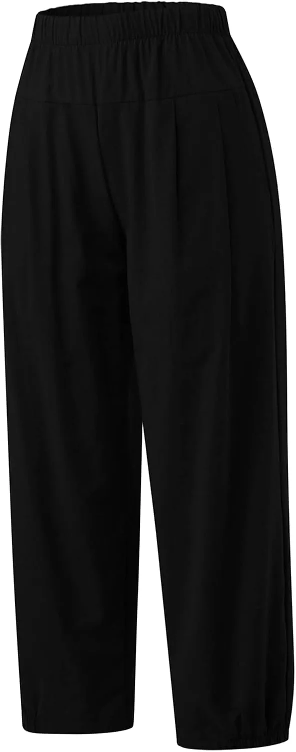 Zontroldy Linen Capri Pants for Women High Waisted Wide Leg Yoga Capris Crop Pants Sweatpants with Pockets