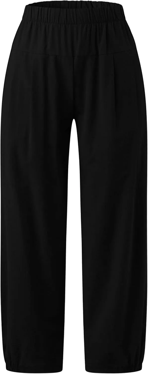 Zontroldy Linen Capri Pants for Women High Waisted Wide Leg Yoga Capris Crop Pants Sweatpants with Pockets