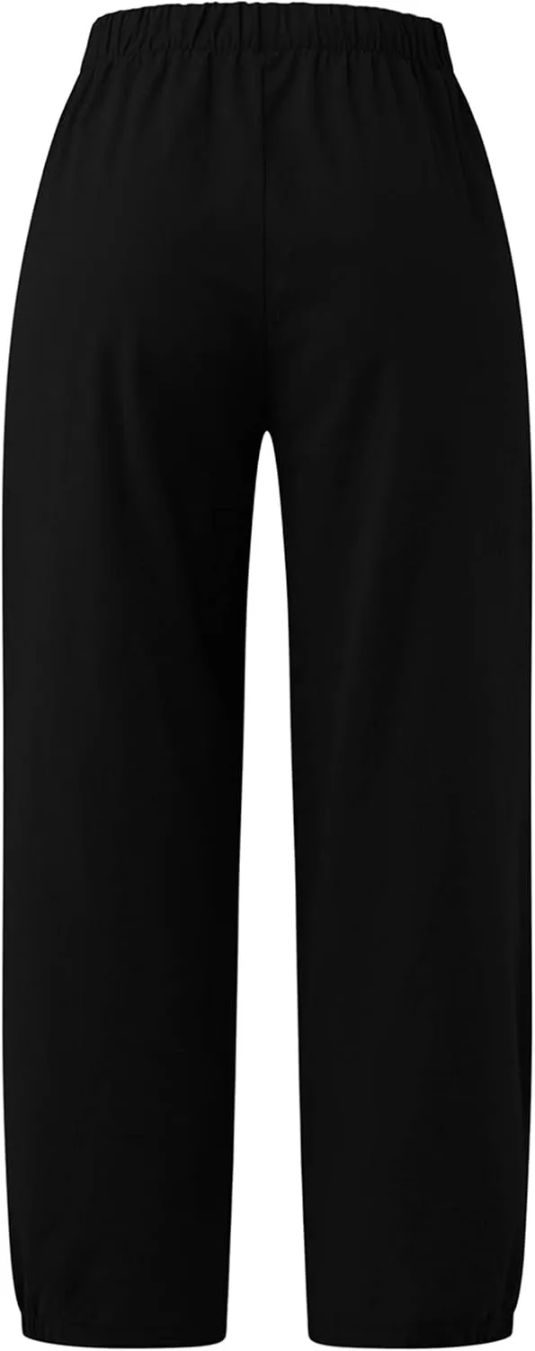 Zontroldy Linen Capri Pants for Women High Waisted Wide Leg Yoga Capris Crop Pants Sweatpants with Pockets